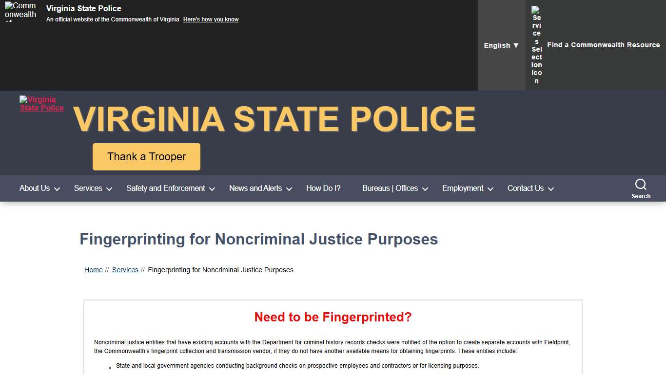 Fingerprinting for Noncriminal Justice Purposes – Virginia State Police